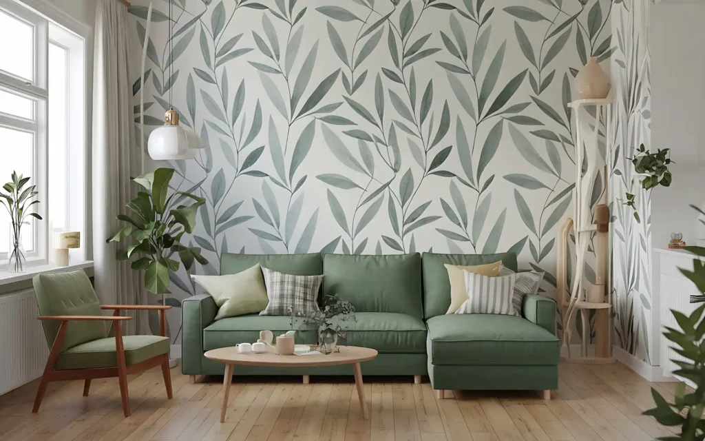 Photo d'un salon avec du papier peint au mur.